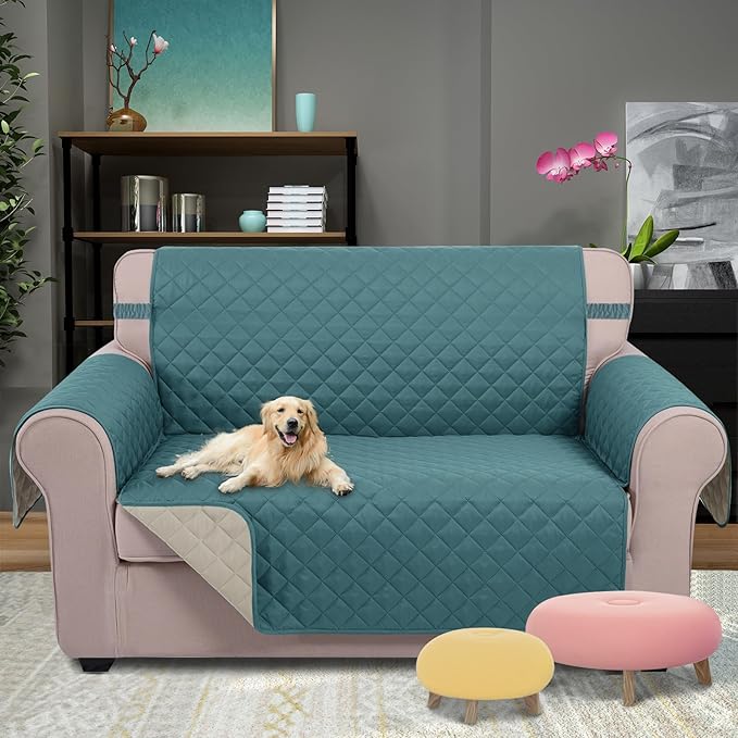 U-NICE HOME Loveseat Sofa Cover Reversible Couch Covers for 2 Cushion Couch for Dogs Furniture Protector Cover with Elastic Straps Water Resistant(Loveseat Small, Blue/Beige)