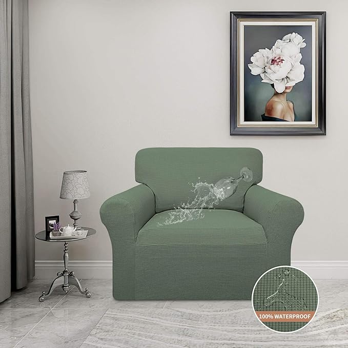 Easy-Going 100% Waterproof Chair Couch Cover, Dual Waterproof Sofa Cover, Stretch Jacquard Sofa Slipcover, Leakproof Furniture Protector for Kids, Pets, Dog and Cat (Chair, Grayish Green)