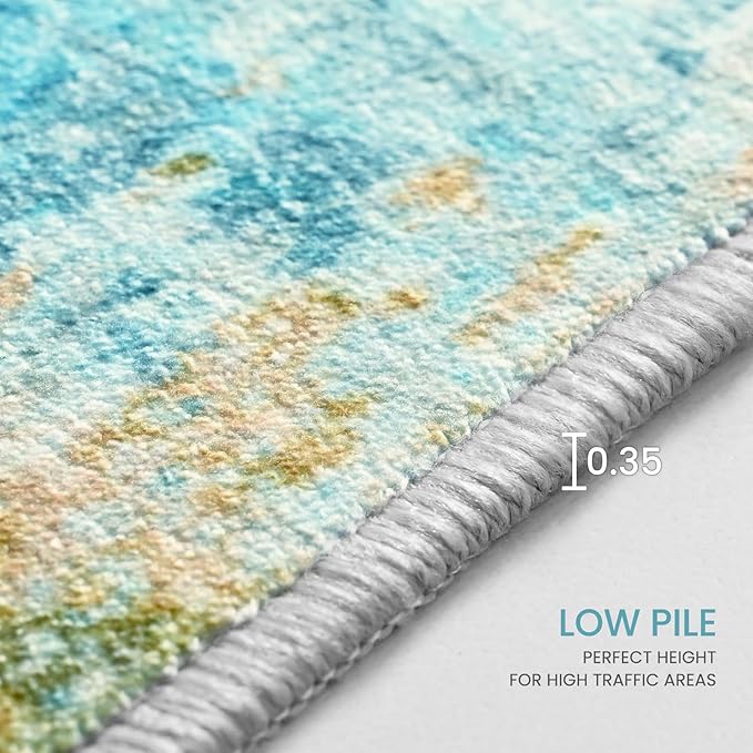 Ompaa Living Room Rug 6x9 Teal Blue Area Rug Machine Washable Boho Rug Non Slip Abstract Vintage Indoor Large Rugs for Bedroom, Classroom, College Dorm, Farmhouse, Dining Room, Kids Playroom