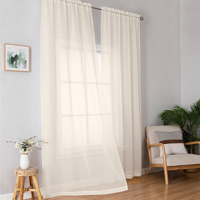 Simplebrand Cream Sheer Curtains 63 Inch Length 2 Panels, Rod Pocket Solid Color Window Sheer Curtain Panels, Elegant Curtains & Drapes for Living Room, Bedroom 2 Panels (Cream, 42" W x 63" L)