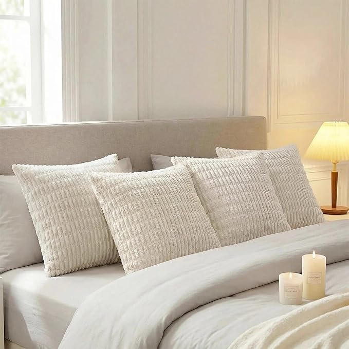 Fancy Homi 4 Packs Boho Cream Decorative Throw Pillow Covers 14x14 Inch for Living Room Couch Bed Sofa, Rustic Modern Farmhouse Home Decor, Soft Plush Corduroy Beige Cute Square Cushion Case 35x35 cm