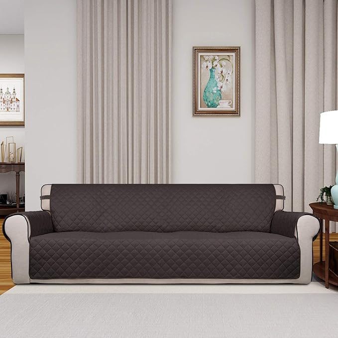 PureFit Reversible Quilted Sofa Cover, Water Resistant Slipcover Furniture Protector, Washable Couch Cover with Non Slip and Elastic Straps for Kids, Dogs, Pets (XX Large, Chocolate/Beige)