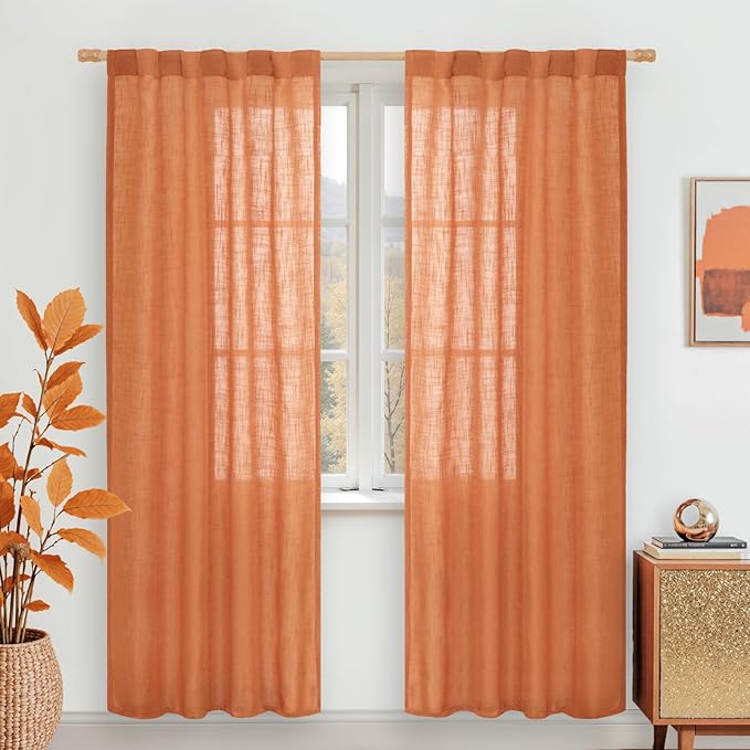 LAMIT Burnt Orange Linen Boho Curtains 80 inch Length 2 Panels, Light Filtering Semi Sheer Panels Back Tab and Rod Pocket Neutral Drapes for Bedroom/Living Room, 34 x 80 Inch