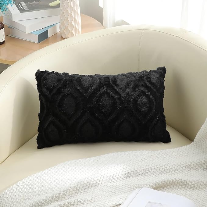 decorUhome Throw Pillow Covers 12x20 Inch Set of 2, Soft Plush Faux Wool Black Solid Couch Pillow Covers, Accent Farmhouse Neutral Rectangle Pillow Cases for Sofa Bed Living Room