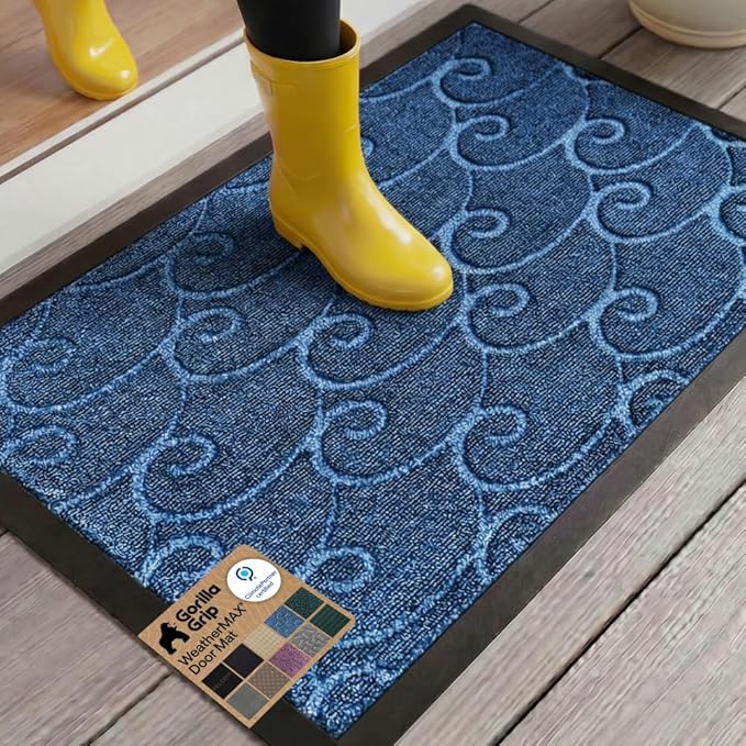 GORILLA GRIP 100% Waterproof All-Season WeatherMAX Doormat 35x23, US Designed Natural Rubber, Stain and Fade Resistant, Low Profile Indoor Outdoor Door Mats, Easy Clean Patio Mat, Ocean Blue Waves