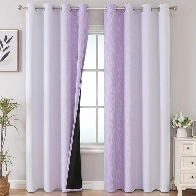 Estelar Textiler Lilac and Grayish White Blackout Curtains 108 Inches Long, Thermal Insulated Drapes for Bedroom, Full Light Blocking Energy Saving Long Curtains for Living Room, 52Wx108L, 2 Panels