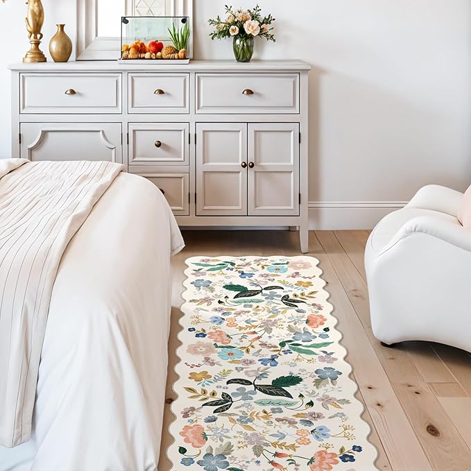 2x6 Washable Hallway Runner Rug: Floral Kitchen Rugs with Non-Slip Backing Vintage Low Pile Entryway Carpet for Living Room Bedroom Ultra Soft Water Resisitant Floor Mat for Bathroom Laudry(2x6,Cream)