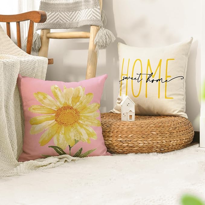 AVOIN colorlife Home Sweet Home Spring Summer Flowers Pink Throw Pillow Covers, 18 x 18 Inch White Cushion Case for Sofa Couch Set of 4