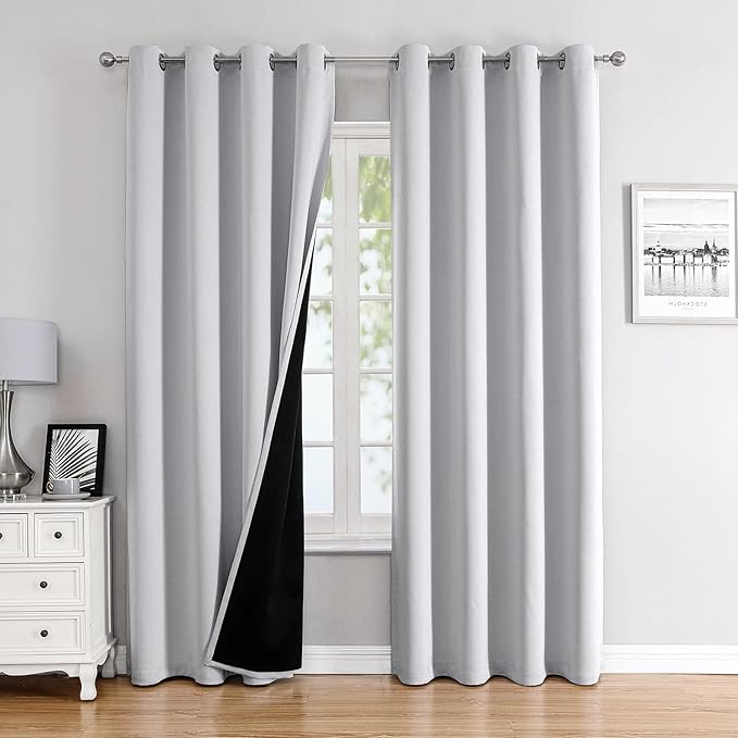 ChrisDowa 100% Blackout Curtains 80 inch Long for Bedroom with Black Liner, 2 Thick Layers Total Blackout Thermal Insulated Grommet Window Curtains 2 Panels Set (Greyish White, 52 x 80 Inch)