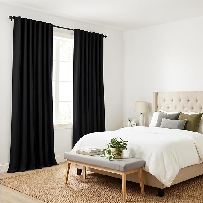 PONY DANCE Blackout Curtain Blinds - 42-inch Wide by 84-inch Long, Black Thermal Insulated Light Block Back Tab/Rod Pocket Curtains Window Cover Shades for Bedroom Living Room, 2 Panels