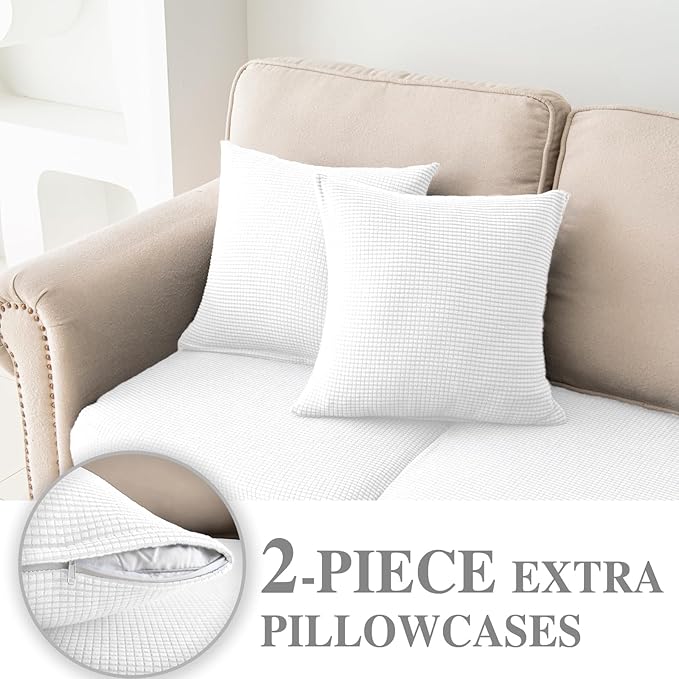 Couch Cushion Covers for Sectional Sofa L Shape Washable Separate Seat Chaise Couch Cover Stretch Sofa Slipcovers with 2 Pcs Pillowcases(2 Seater + 1 Chaise, White)