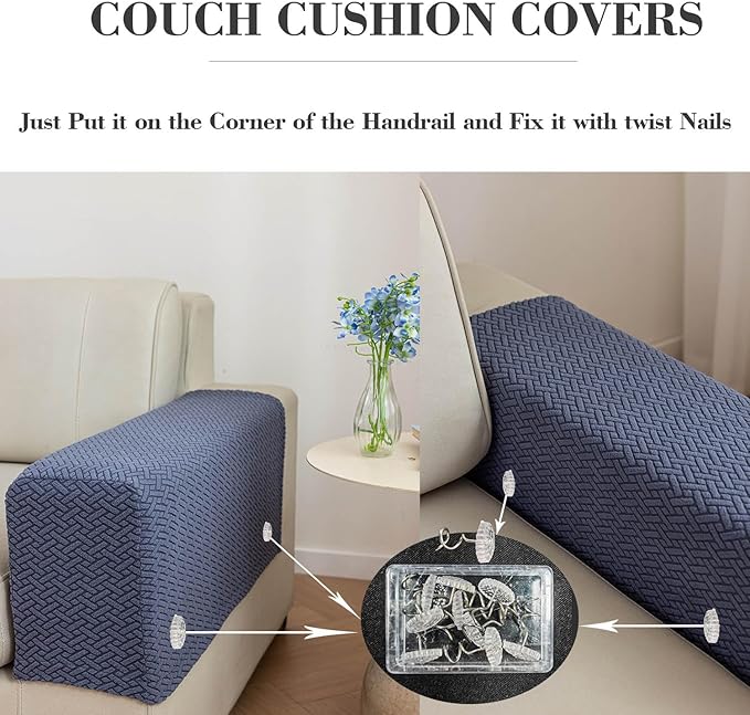 2Pcs Couch Arm Covers, Armrest Cover for Sofa, Sofa Arms Covers Washable Arms with Twist Pins Soft,Skin-Friendly for Pets (Texture Metal Gray, Armrest Cover)