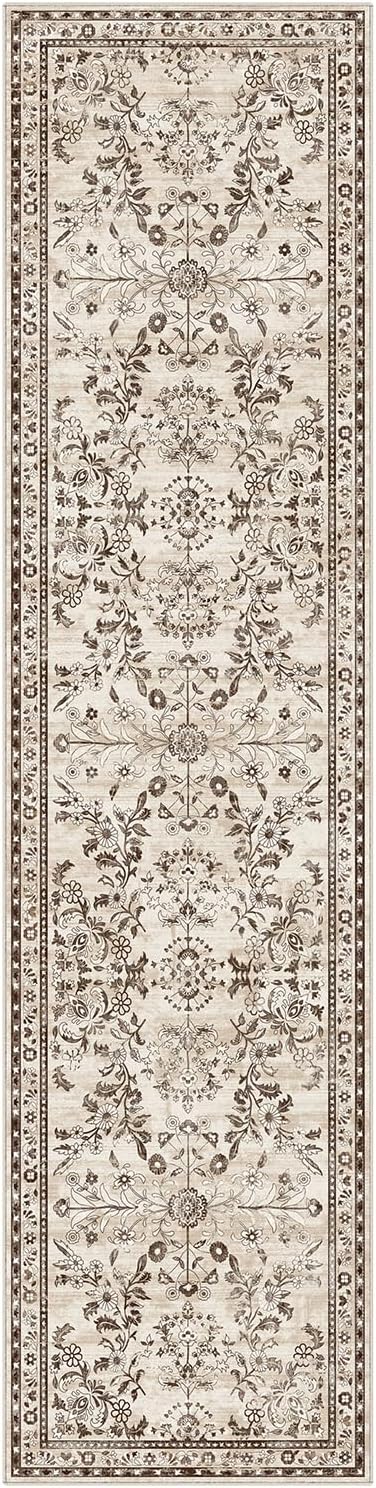 Yamaziot Washable Runner Rug 2x8 – Non Slip Boho Floral Hallway Runner Rug with Rubber Backing, Low Pile Faux Wool Distressed Carpet for Kitchen, Laundry, Bedroom, Entrance, Brown