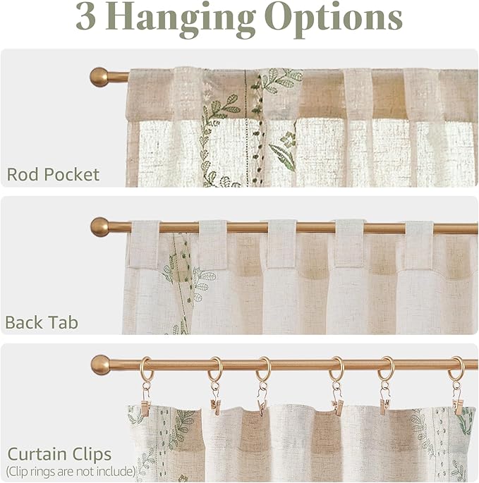 jinchan Belrose Linen Floral Kitchen Curtains 36 inch Length Embroidered Farmhouse Cafe Curtains for Living Room Bathroom Small Windows Curtain Set Sheer Light Filtering 2 Panels Sage Green