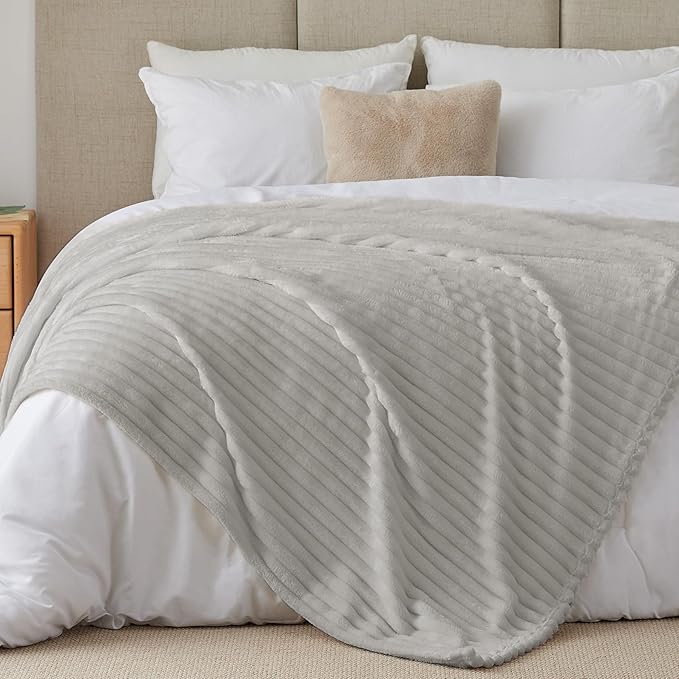 BEDELITE King Size Blanket for Bed, 300GSM Soft & Warm Fleece Blanket, Decorative and Giftable Striped Light Grey Blankets for Women, Men, 108"x90"