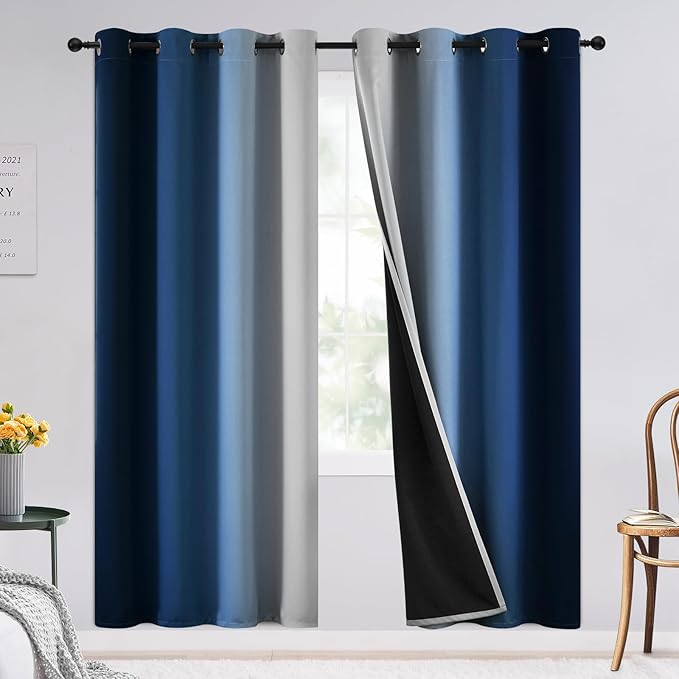 SimpleHome Blue Ombre 100% Blackout Curtains for Bedroom 72 Inches Long, Room Darkening Thermal Insulated Grommet Curtains for Living Room, 2 Panels, 52x72 inches Length