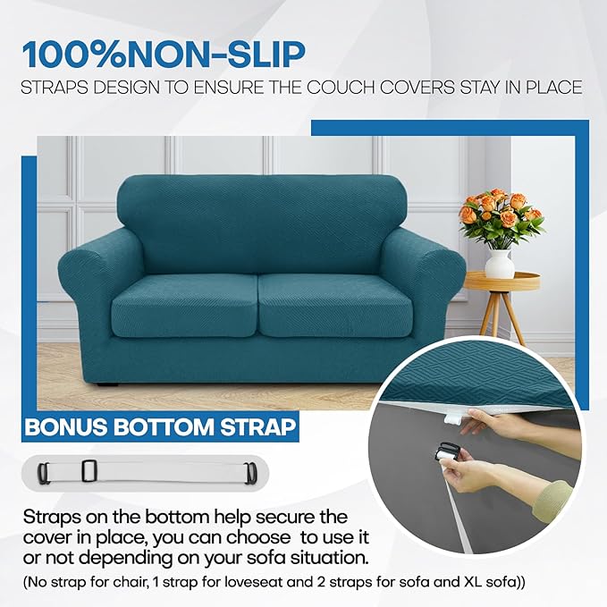 XINEAGE New 3 Pieces Couch Covers for 2 Cushion Sofa Super Stretch Loveseat Slipcover Pet Dog Universal Slip Cover Anti Slip Love Seat Furniture Protector (Peacock Blue, 55"-69")
