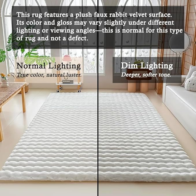 White Rabbit Plush Rug 8'x10', Fluffy Faux Fur Shaggy Area Rug for Nursery, Kids Room Decor, Soft Fuzzy Carpet for Living Room, Bedroom, Teen Girls Room