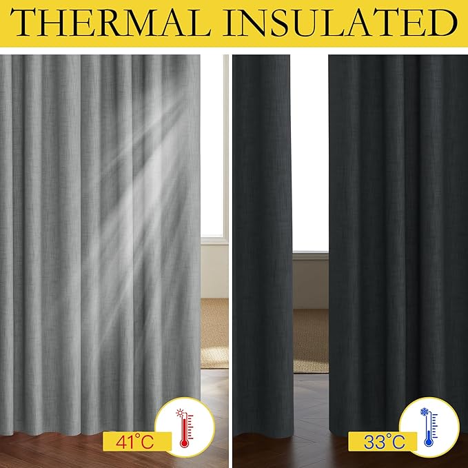 NICETOWN 100% Absolutely Blackout Linen Curtains with Thermal Insulated White Liner, Dove Grey, W52, 2 Pieces, Noise Reducing Textured Linen Look Curtains for Windows 102 inch Length for Classroom