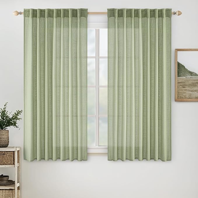MIULEE Sage Green Linen Curtains 63 Inch Length 2 Panels for Bedroom Living Room, Soft Thick Linen Textured Kitchen Window Drapes Semi Sheer Light Filtering Back Tab Rod Pocket Burlap Look Decor