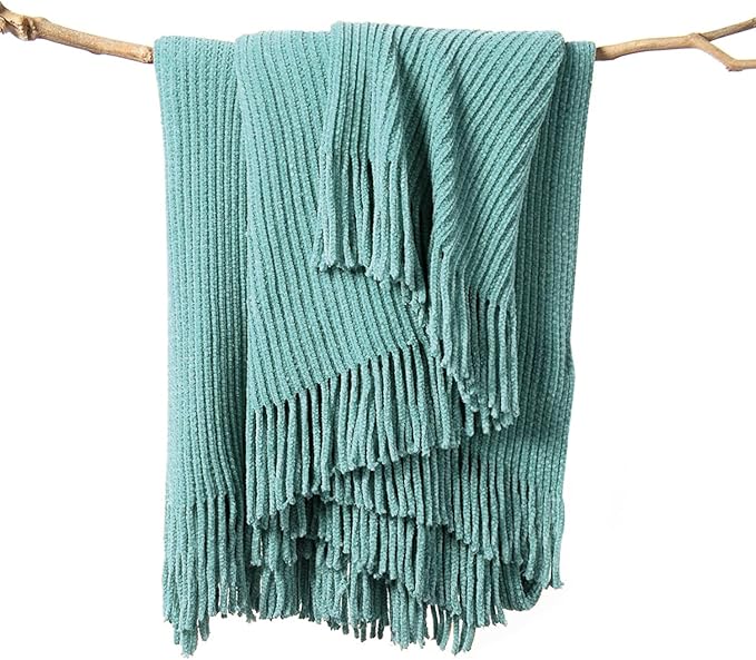 lifein Throw Blanket for Couch, Soft Boho Decor Bed Throw,Cozy Blue Chenille Knitted Small Farmhouse Lightweight Throw (Aqua,60 * 80")