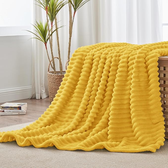 BEDELITE Twin Blanket for Couch & Bed, 300GSM Soft & Warm Fleece Blanket, Decorative and Giftable Striped Light Yellow Blankets for Women, Men, 60"x80"