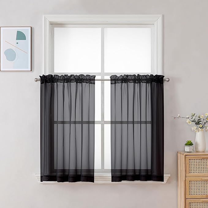 Chyhomenyc Black Sheer Curtains 30 inch Length 2 Panels, Light Filtering Voile Rod Pocket Short Window Curtians for Bathroom Living Room Farmhouse Small Windows, 42Wx30L inches