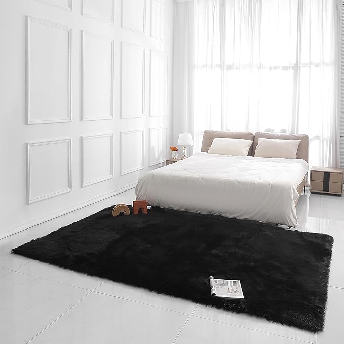 linmopm Faux Fur Rug Sheepskin Shag Fluffy Fuzzy Black 6x9 ft Rugs for Bedroom Bedside Bed Floor Living Room Plush Rectangle High-Density Cushion Carpet Super Sofa Cover