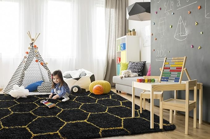TWINNIS Super Soft Shaggy Rugs Fluffy Carpets, 4x5.9 Feet, Indoor Modern Plush Area Rugs for Living Room Bedroom Kids Room Nursery Home Decor, Upgrade Anti-Skid Rectangular Fuzzy Rug, Black Gold