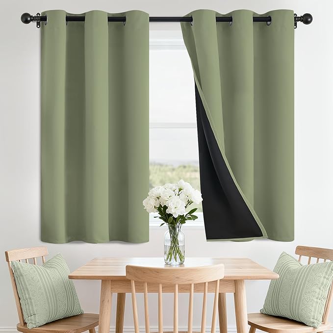 SimpleHome 100% Blackout Curtains for Bedroom,Thermal Insulated Sage Grommet Window Drapes Room Darkening Curtains for Living Room with Black Back,42 x 36 Inch,2 Panels