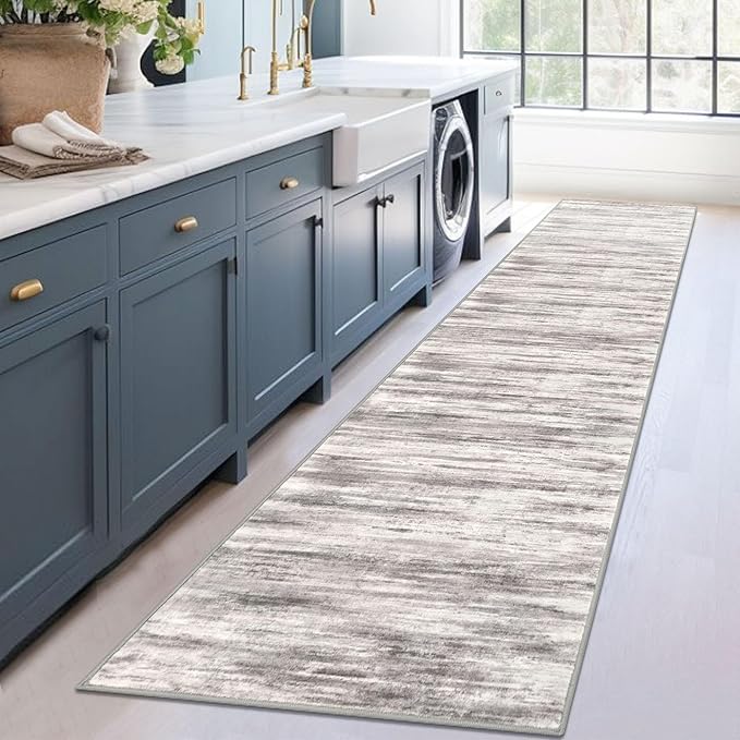 KOZYFLY Modern Abstract Washable Rug Runner 2.6x12 Hallway Rug Runner Non-Slip Soft Kitchen Runner Rugs, Grey/Light Beige/Brown Striped Carpet for Entryway Bathroom
