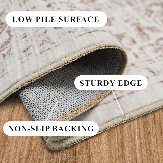 Washable 2'6''x16' Runner Rug - Non-Slip Vintage Runner Rug for Entryway Low-Pile Medallion Long Rugs for Hallway Waterproof Traditional Runner Rugs Indoor Thin Rug for Kitchen (Cream/Beige)