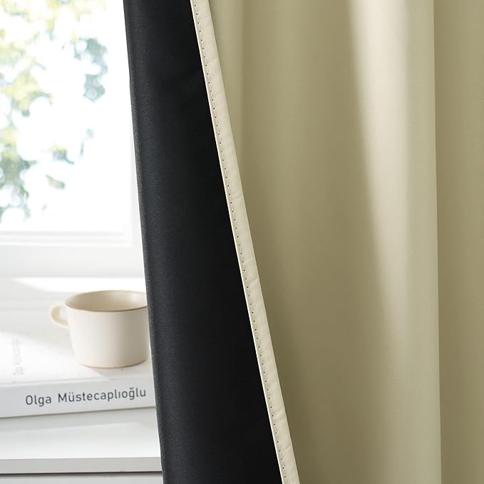 RYB HOME 100% Blackout Short Curtains for Small Window, Thermal Insulated Total Room Darkening Noise Reducing Curtains for Kitchen Bathroom Basement, 42 inches Wide by 48 inches Long, Beige