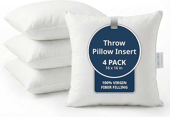LANE LINEN 16x16 Throw Pillow Insert - Set of 4 White Inserts for Decorative Pillow Covers for Bed, Decorative Pillows for Bed, Couch Pillows, Throw Pillows for Couch