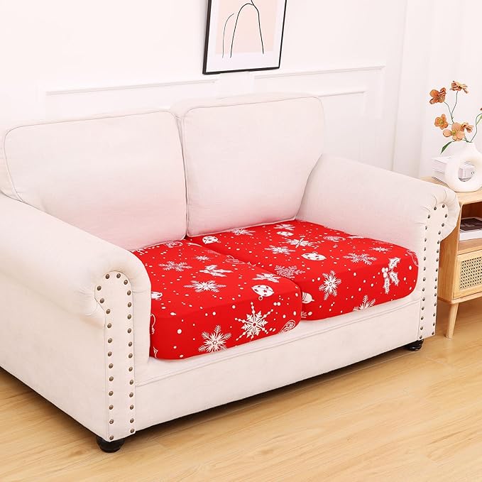 hyha Printed Couch Cushion Covers, Floral Sofa Covers Washable for 2 Cushion Couch, Stretch Pattern Outdoor Cushion Covers for Patio Furniture with Elastic Bottom(2 Packs, Snowflake Bell)