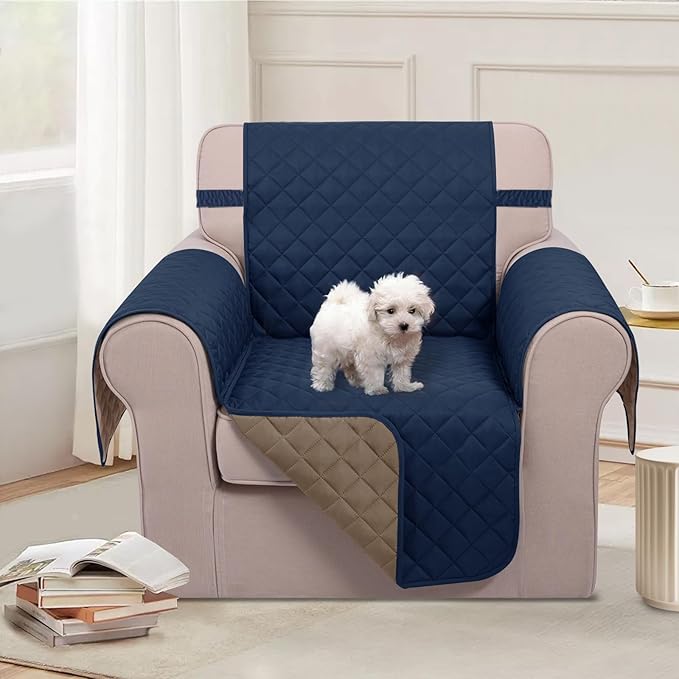 U-NICE HOME Reversible Oversized Chair Covers Quilted Water Repellent Pet Protectors with Elastic Straps (28''Armchair, Navy/Taupe)