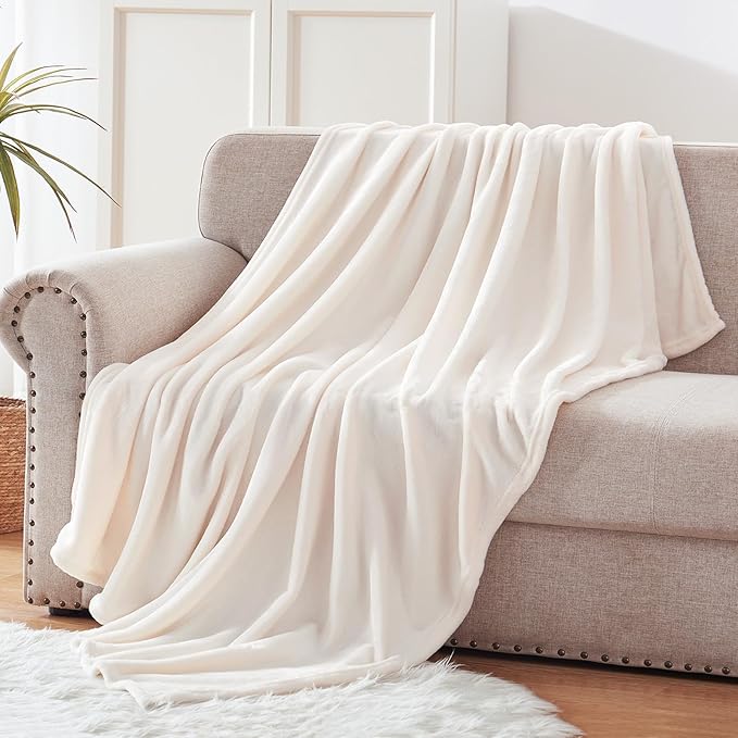 Exclusivo Mezcla Fleece Throw XL Blanket for Couch, Sofa, Super Soft and Warm Ivory Blankets, All Season, Cozy, Plush, Lightweight, 50x70 Inches