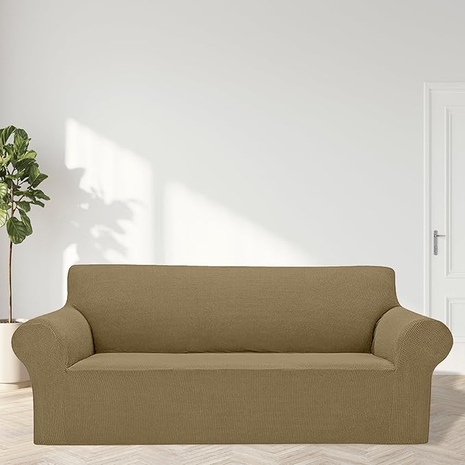 Cupuamon 2026 New Stretch Sofa Slipcovers Couch Cover for 3 Cushion Furniture Protector Sofa Covers with Elastic Bottom Jacquard Fabric Small Checks for Pets, Kids -Sofa, Tan