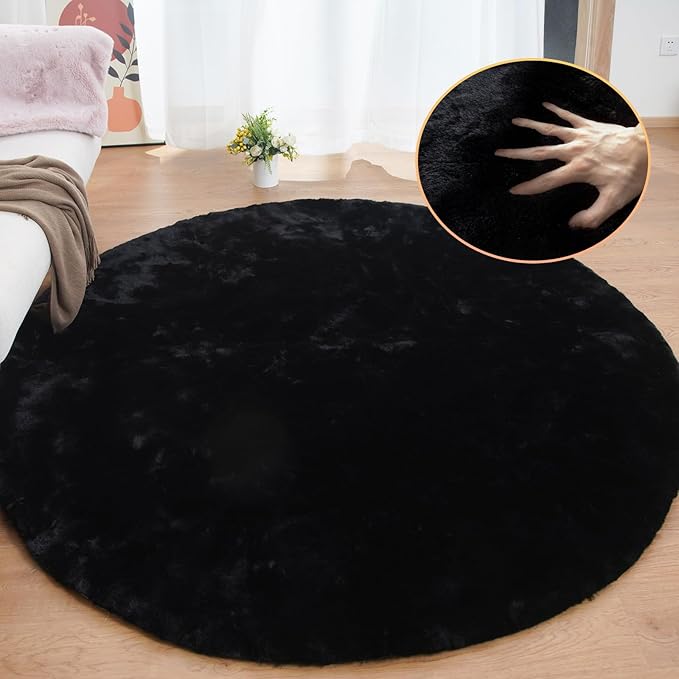 ORINOVA Round Rugs 6ft Faux Rabbit Fur Rug Fluffy Rug for Bedroom Black Faux Fur Machine Washable Area Rugs Living Room Teen Room Home Decor