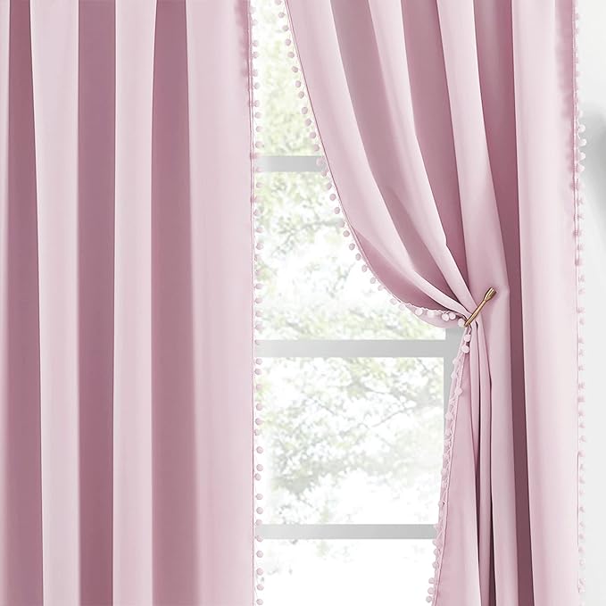 NICETOWN Pom Pom Blackout Curtains for Girls Bedroom Boho Pink Window Curtains for Nursery Rod Pocket Thermal Insulated Living Room Darkening Curtain Panels for Play Room, 52" W x 84" L, 2 Panels