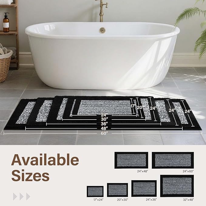 60x24 Long Bathroom Rugs Washable Non Slip, Black Bath Mat for Bathroom Floor Tub, Soft Absorbent Quick Dry Mats for Shower,Bathtub,Home Decor