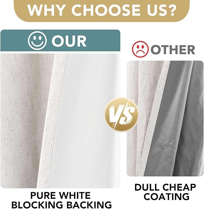 H.VERSAILTEX Linen Curtains 100% Blackout Curtains for Bedroom 102 inch Long Full Light Blocking Nature Linen Blended Window Curtains for Living Room Nickel Grommet (2 Panels, Ivory)