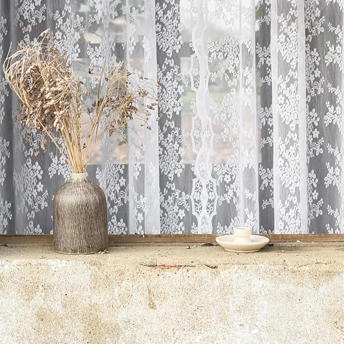 YJ YANJUN Vintage Lace Curtains 54 Inches Length- Victorian Floral Pattern White Sheer Curtain Panels for Living Room Bedroom Bathroom Light Filtering, Country Cottage Core Drapes 2 Panels 52W x 54L