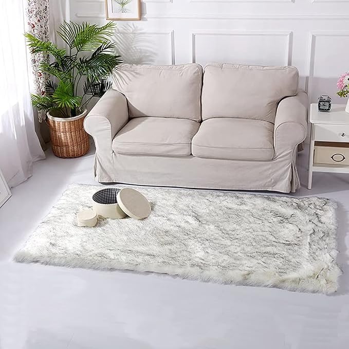Latepis 2x5 Runner Faux Fur Rug White with Grey Tips Rugs Washable Sheepskin Rug Fluffy Shaggy Fuzzy Bedroom Rugs for Teen Room Décor, Runner