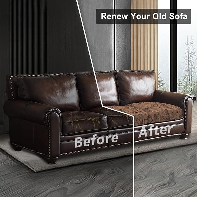 Leather Look Couch Cushion Covers Sofa Seat Slipcovers Sets Couches Furniture Protector for Sectional Armchair Loveseat Pets Kids Stretch Spandex Fabric (3 Cushion Sofa, Brown Leaf)