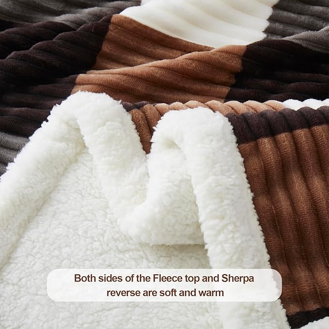 PU MEI Sherpa Blanket Full/Queen Plaid Thick Bed Blanket, 90”*80” Super Soft Flannel Fuzzy Fleece Reversible Velvet Plush Warm Blanket for Couch (Brown-Check, 80"*90")