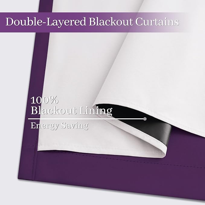 Yakamok Room Darkening 100% Blackout Curtains Grommet Window Treatments with 2 Thick Layers-Purple Thermal Insulated Drapes Set of 2 Panels for Bedroom Living Room 52 Inches by 72 Inches Length