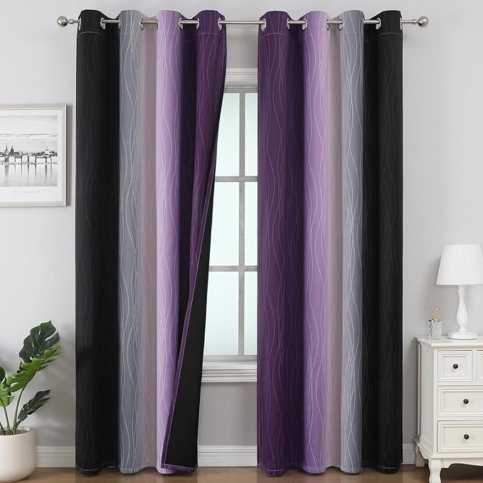 Estelar Textiler Purple and Black Ombre Blackout Curtains 102 Inches Long 2 Panels Set, Thermal Insulated Gradient Drapes for Bedroom, Energy Saving Grommet Curtains for Living Room,52Wx102L