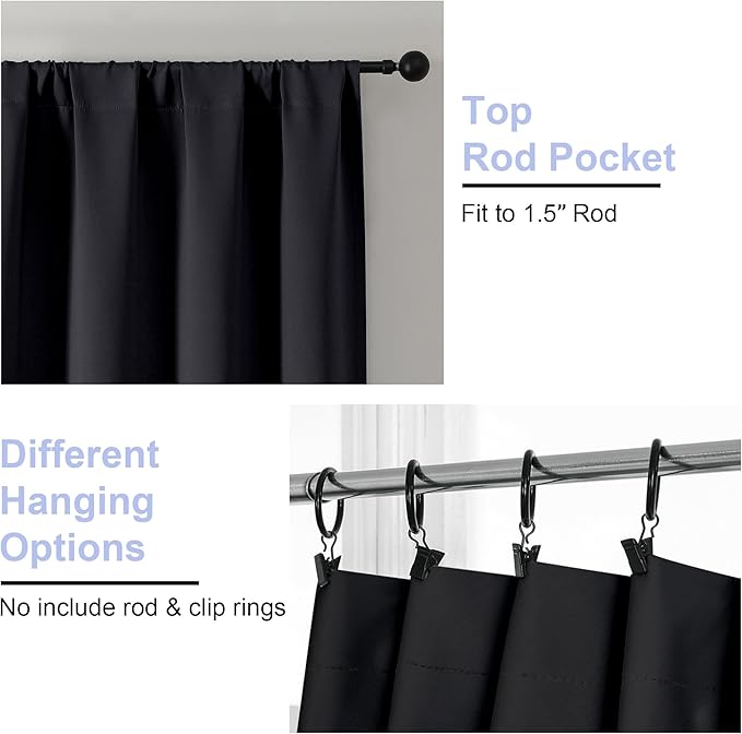 Simplebrand Ava Black Blackout Curtains for Bedroom 63 Inch Length 2 Panels Set, Solid Thermal Insulated Privacy Living Room Window Treatment Curtains Blackout Drapes, W50 x L63 Inch
