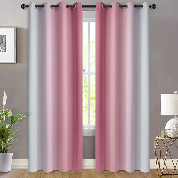 Yakamok Room Darkening Gradient Color Ombre Curtains 84 Inch Length, Thermal Insulated Grommet Window Drapes for Living Room/Bedroom (Pink and Greyish White, 2 Panels, 52x84 Inch)